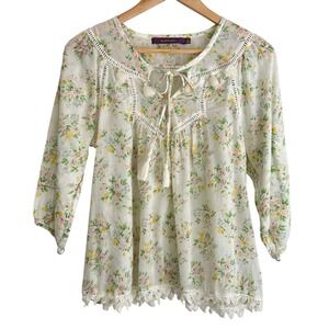 Rapsodia Floral Peasant Blouse Womens M White Boho Lace Feminine Romantic Top